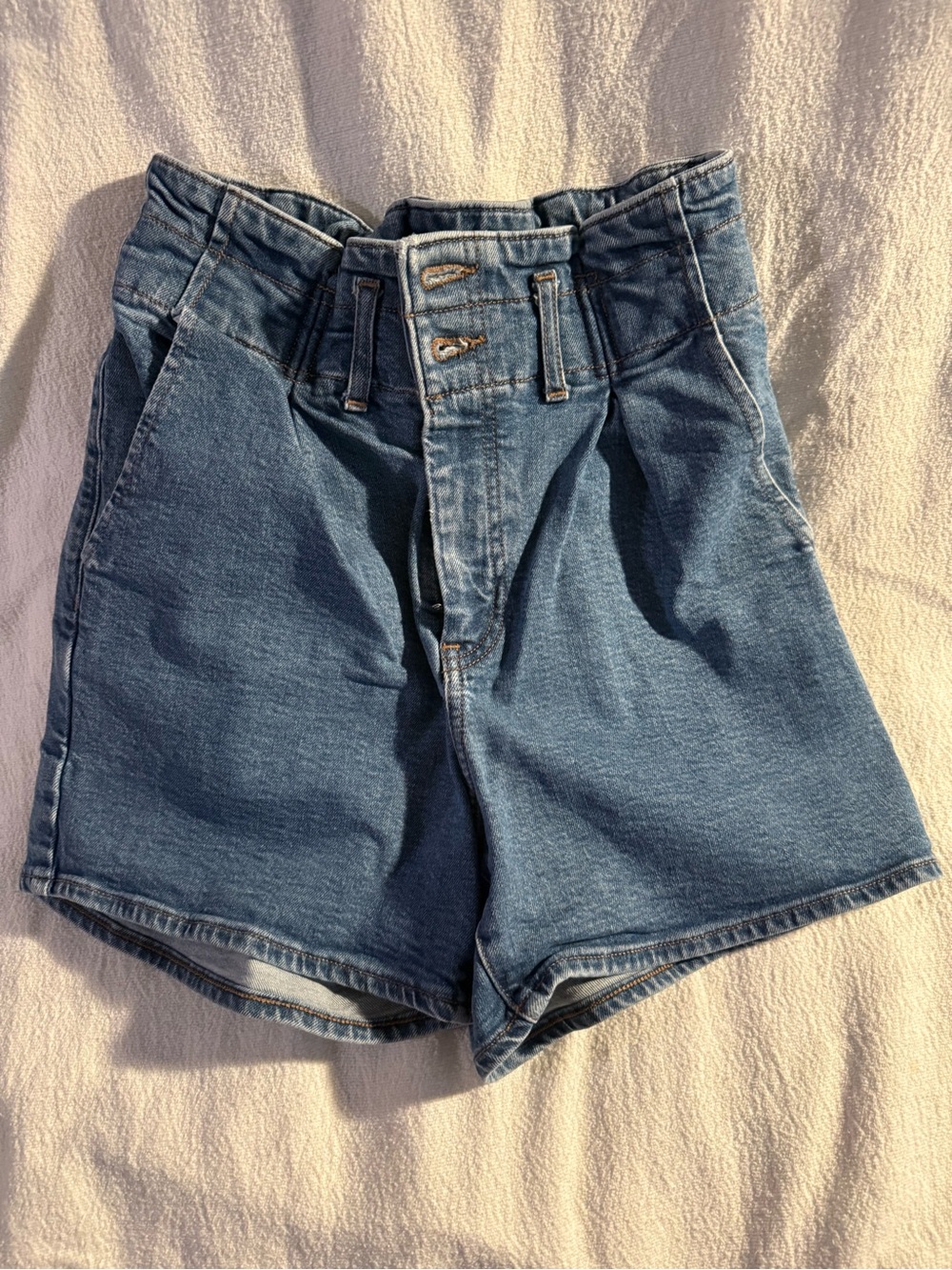 Express Paperbag High-Waist Denim Shorts in Blue